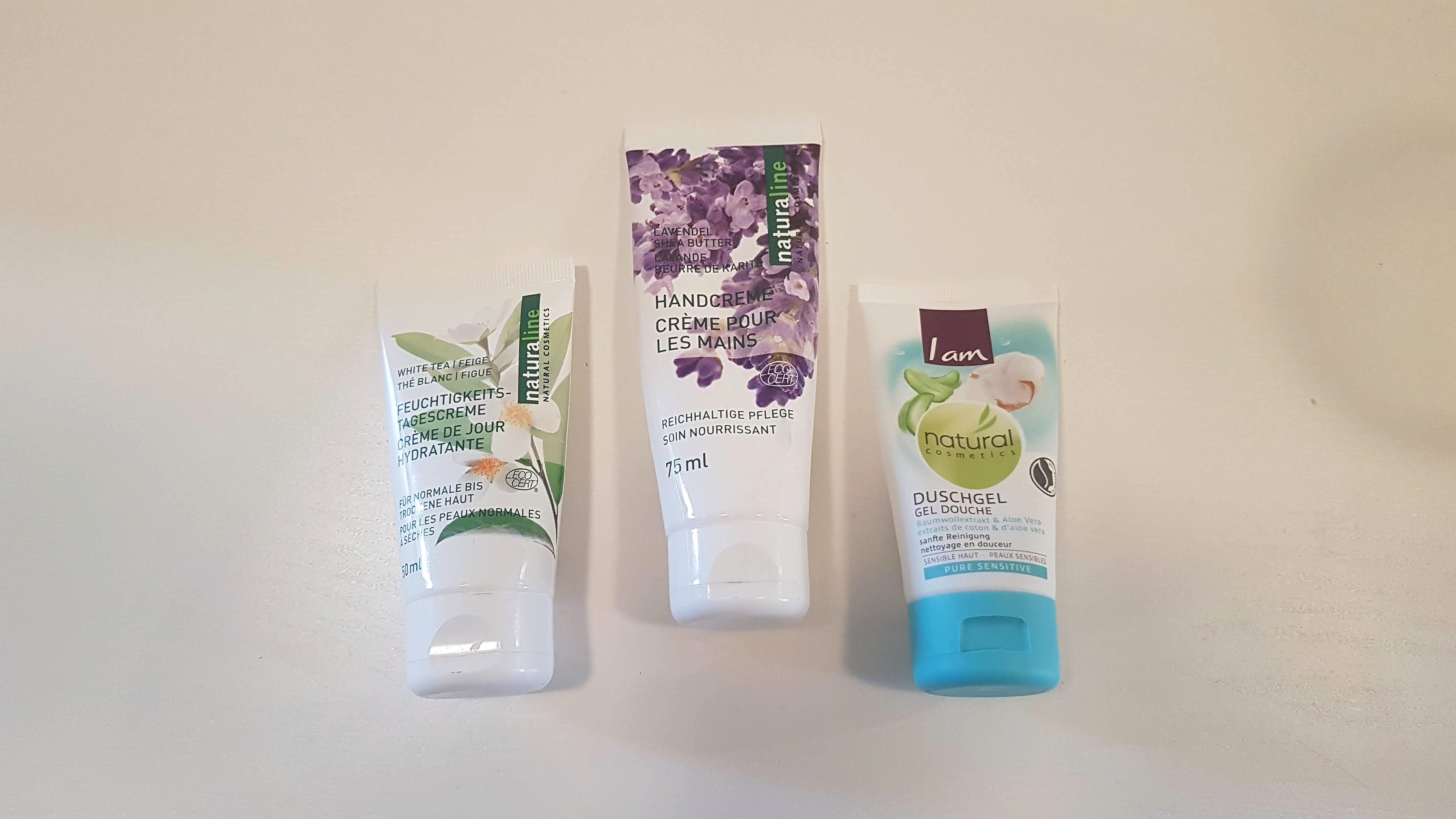 Naturaline day cream white tea and fig Naturaline hand cream lavender and shea butter I am Natural cosmetics shower Gel cotton and aloe vera